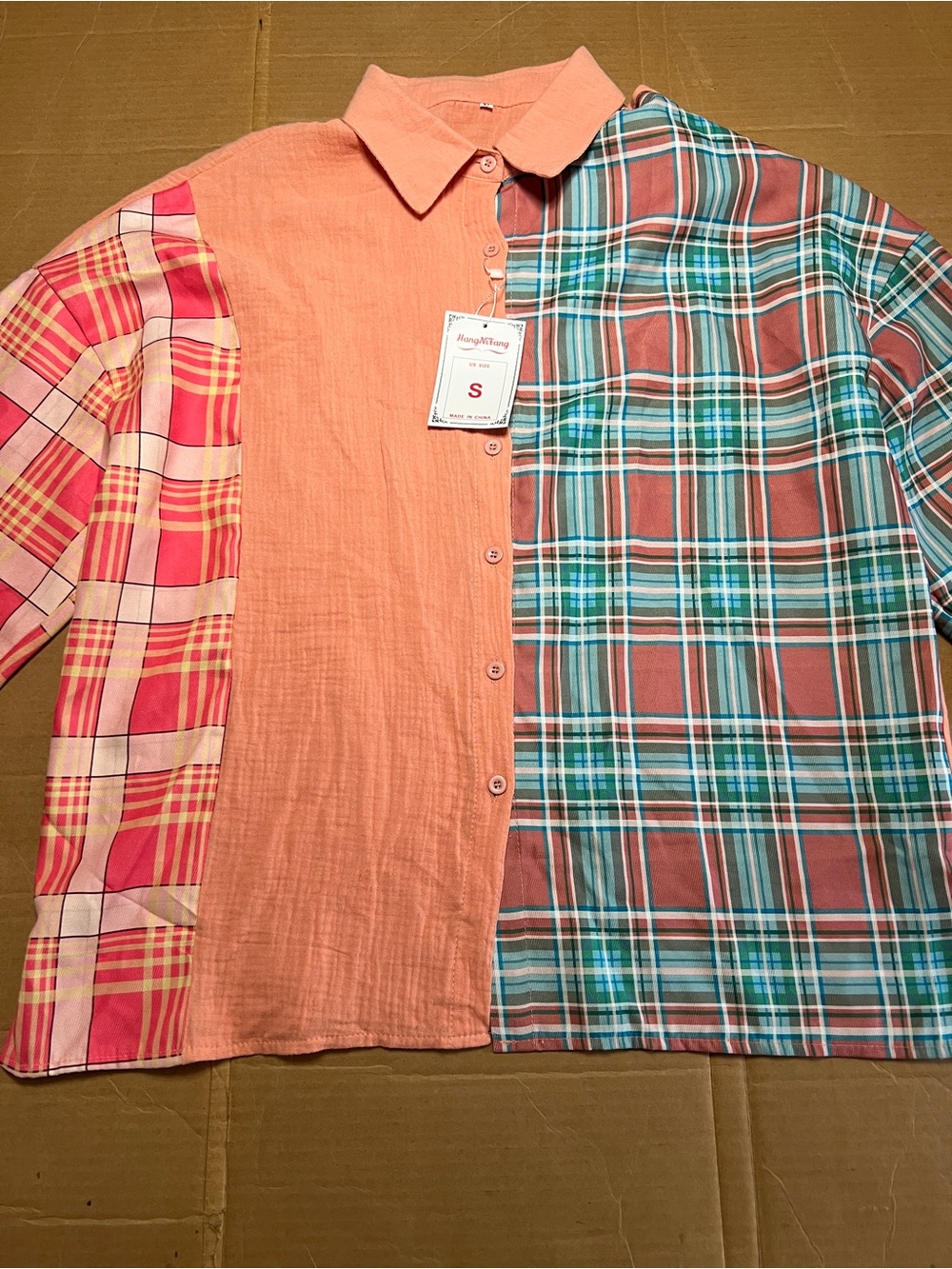 NWT HangNiTang Colorblock Plaid Patchwork Button Front Oversized Blouse Size S - Picture 6 of 8